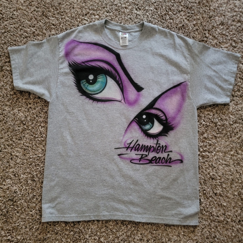 Fruit of the Loom Hampton Beach Airbrush Eye Makeup Heather Grey Gray Purple Tee - Picture 4 of 11